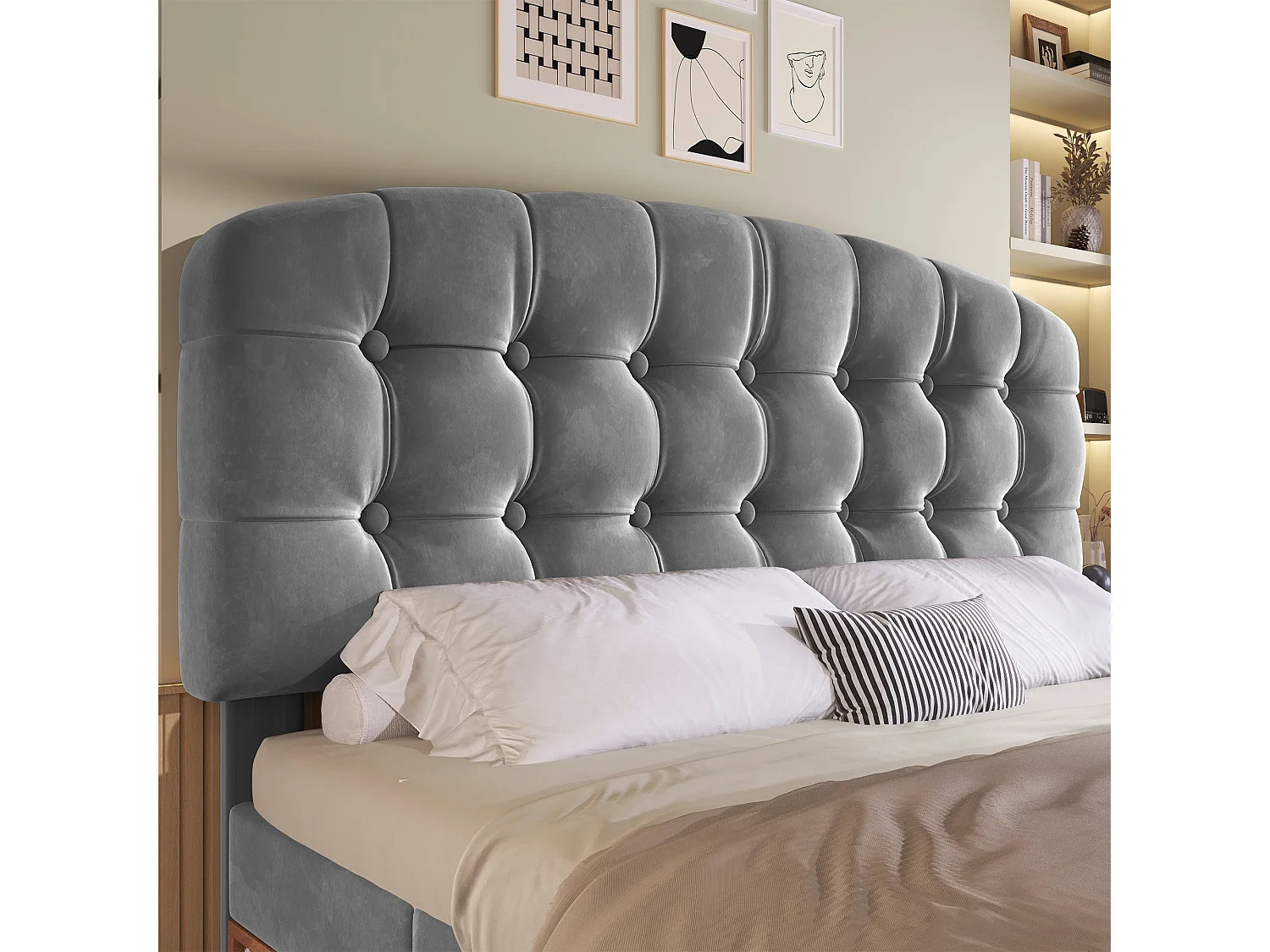 Lit double capitonné 140x190 cm, velours gris, avec rangement à tiroirs et étagères, tête de lit réglable, sans matelas