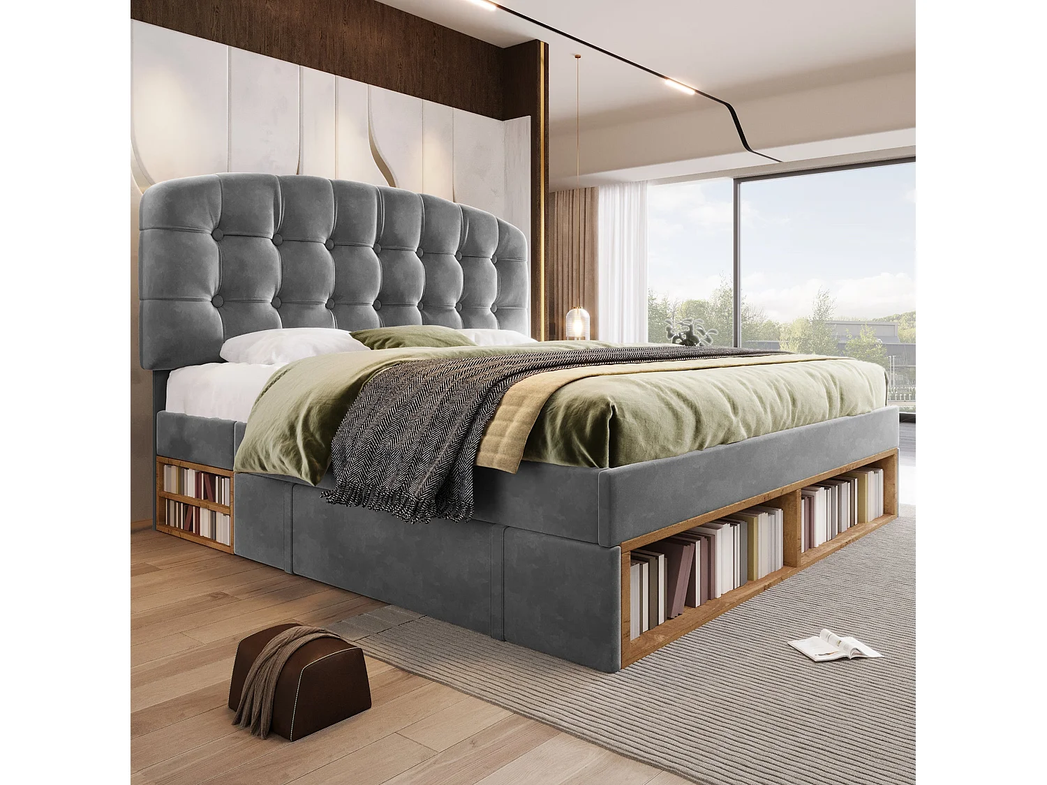 Lit double capitonné 140x190 cm, velours gris, avec rangement à tiroirs et étagères, tête de lit réglable, sans matelas