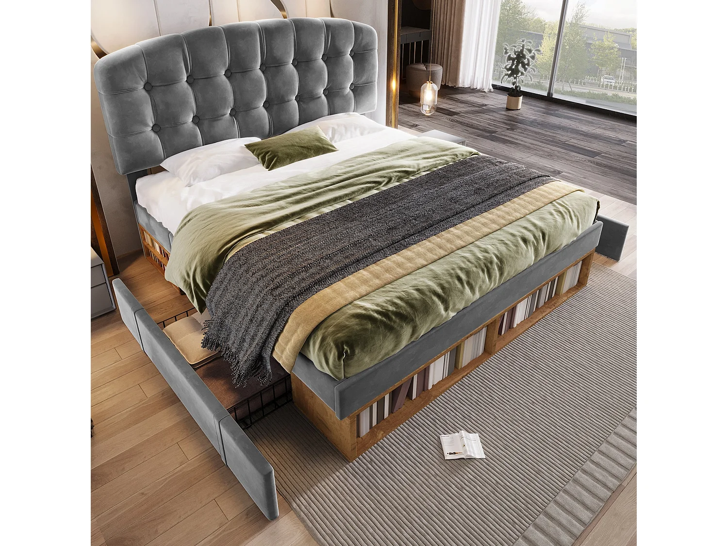 Lit double capitonné 140x190 cm, velours gris, avec rangement à tiroirs et étagères, tête de lit réglable, sans matelas