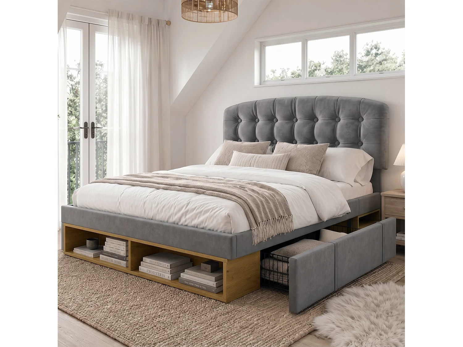 Lit double capitonné 140x190 cm, velours gris, avec rangement à tiroirs et étagères, tête de lit réglable, sans matelas