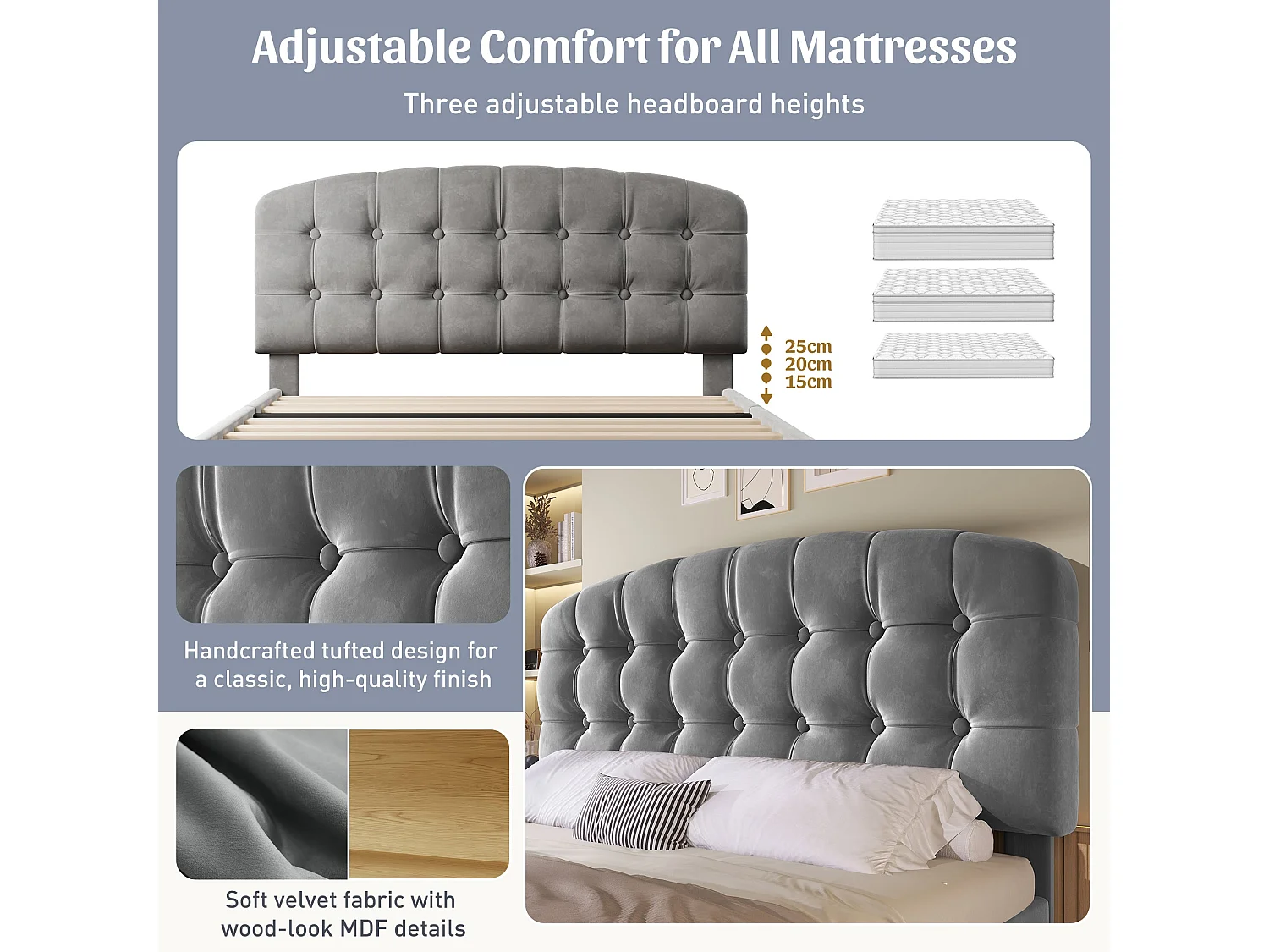 Lit double capitonné 140x190 cm, velours gris, avec rangement à tiroirs et étagères, tête de lit réglable, sans matelas