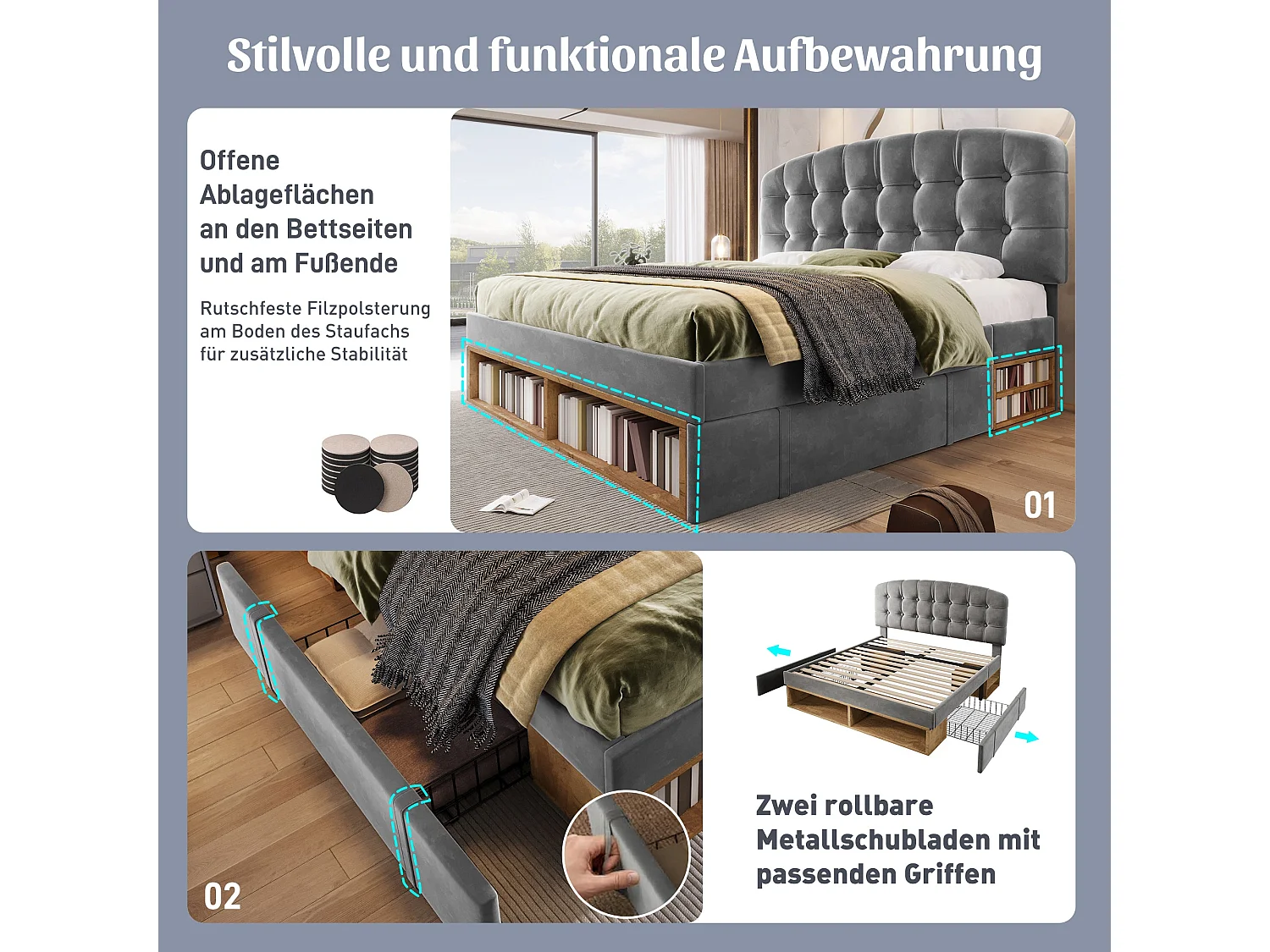 Lit double capitonné 140x190 cm, velours gris, avec rangement à tiroirs et étagères, tête de lit réglable, sans matelas