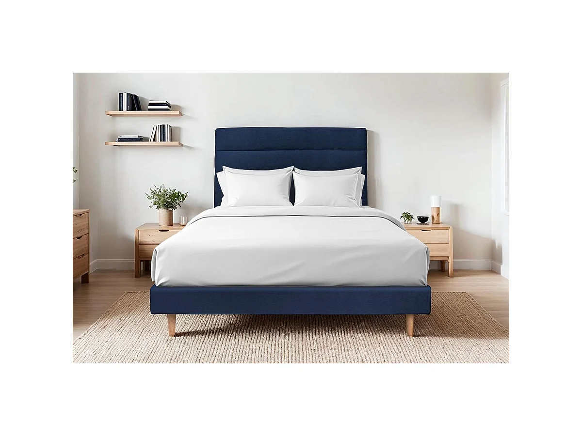 Lit 140x200cm avec tête de lit lignes velours et sommier kit Bleu - Hauteur totale : 29cm