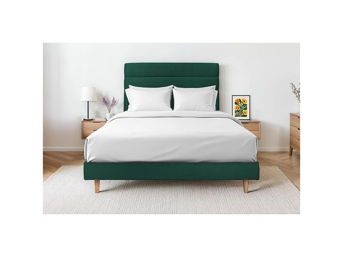 Lit 200x200cm avec tête de lit lignes velours et sommier kit vert - Hauteur totale : 29cm