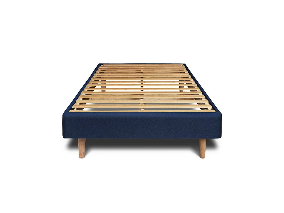 Lit 90x190cm avec tête de lit lignes velours et sommier kit Bleu - Hauteur totale : 29cm