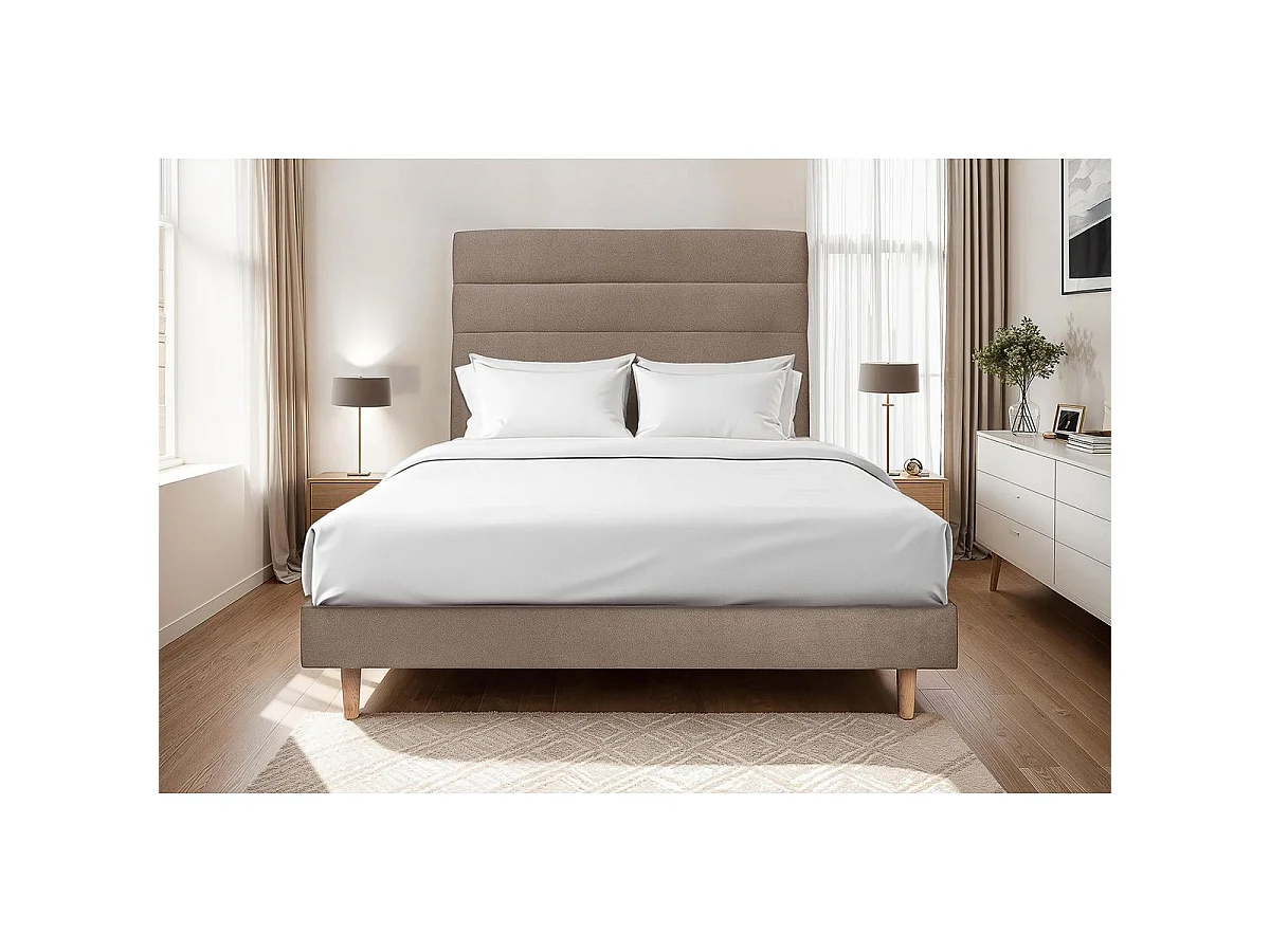 Lit 150x200cm avec tête de lit lignes velours et sommier kit taupe - Hauteur totale : 29cm