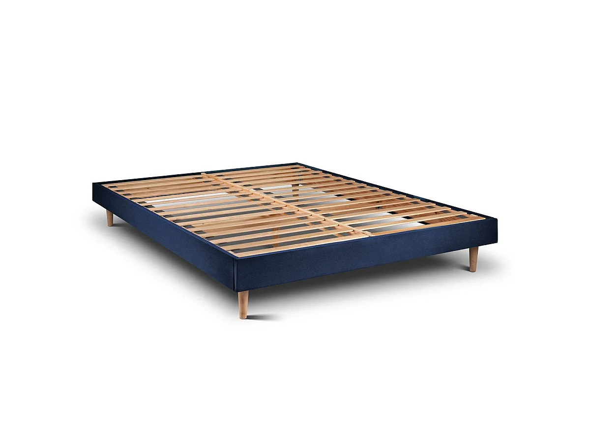 Lit 140x190cm avec tête de lit lignes velours et sommier kit Bleu - Hauteur totale : 29cm