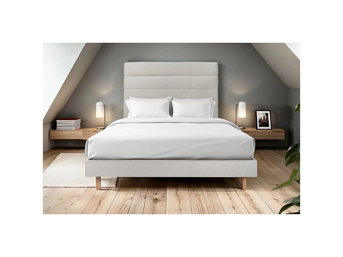 Lit 140x190cm avec tête de lit lignes velours et sommier kit gris clair - Hauteur totale : 29cm