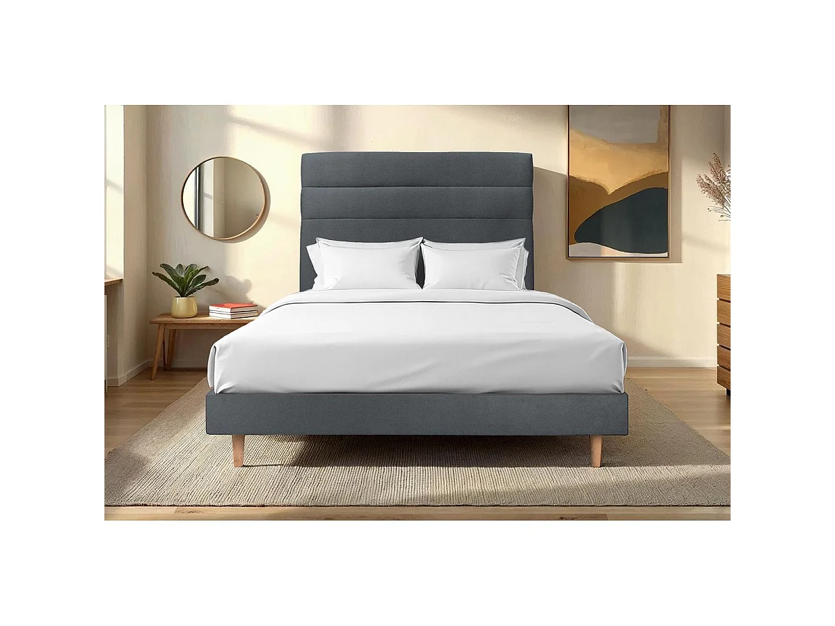 Lit 200x200cm avec tête de lit lignes velours et sommier kit gris anthracite - Hauteur totale : 29cm