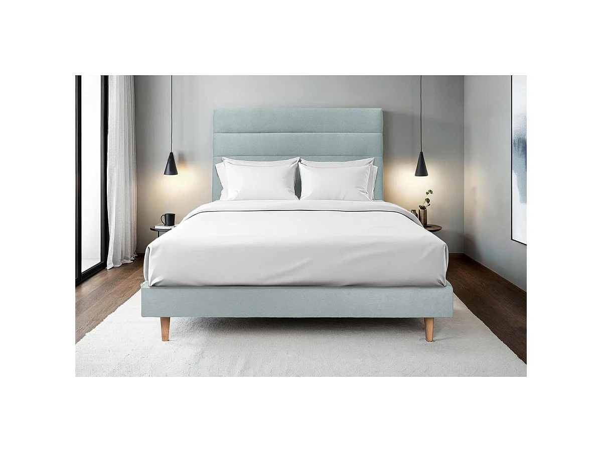 Lit 150x200cm avec tête de lit lignes velours et sommier kit Gris bleuté - Hauteur totale : 29cm