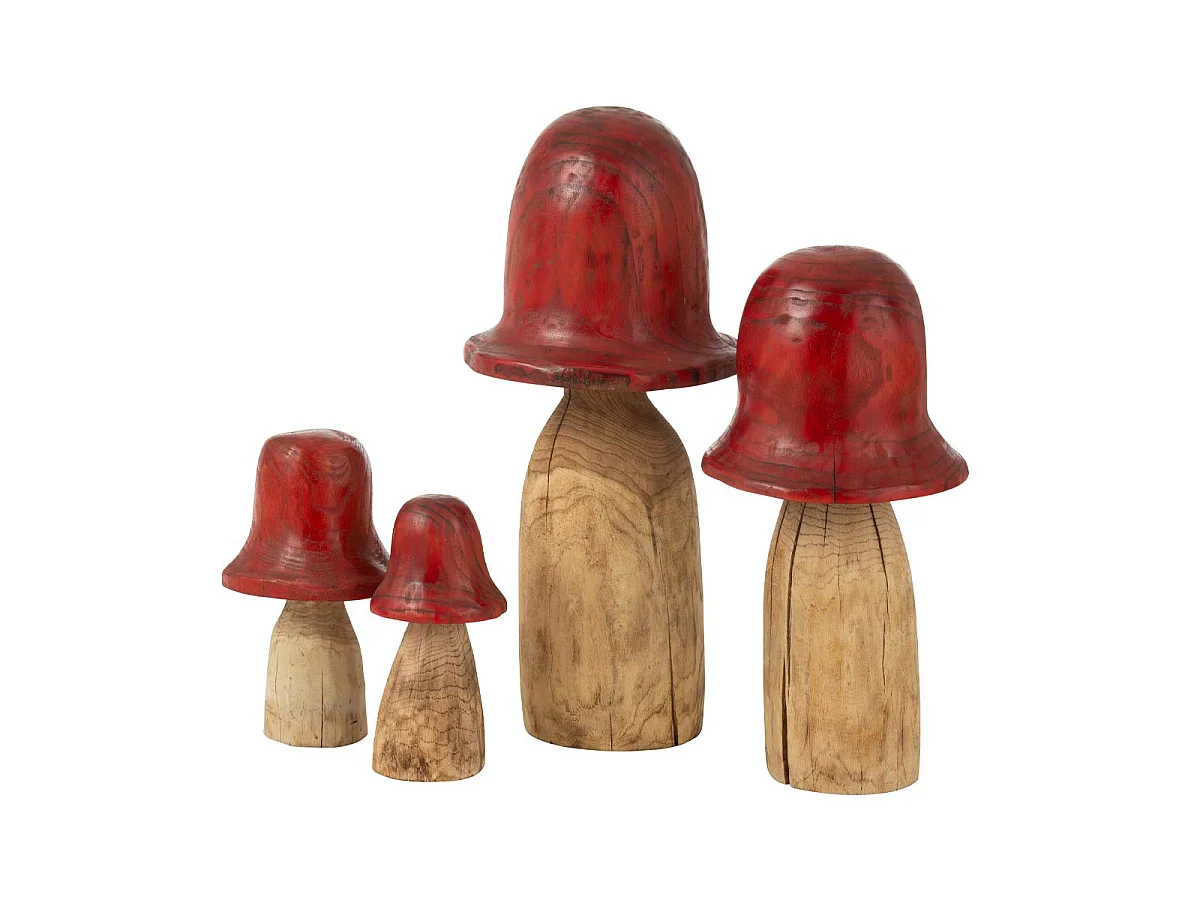 Champignon Déco en Bois "Cloche" 32cm Naturel & Rouge