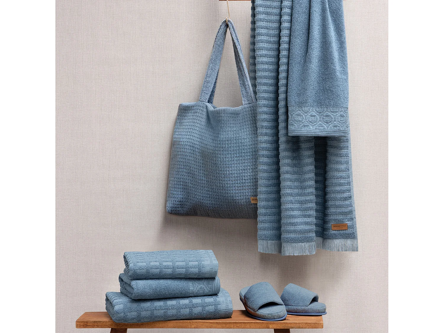 Lot de 2 gants de toilette 16x21 cm pur coton collection DENIM à rayures bleu
