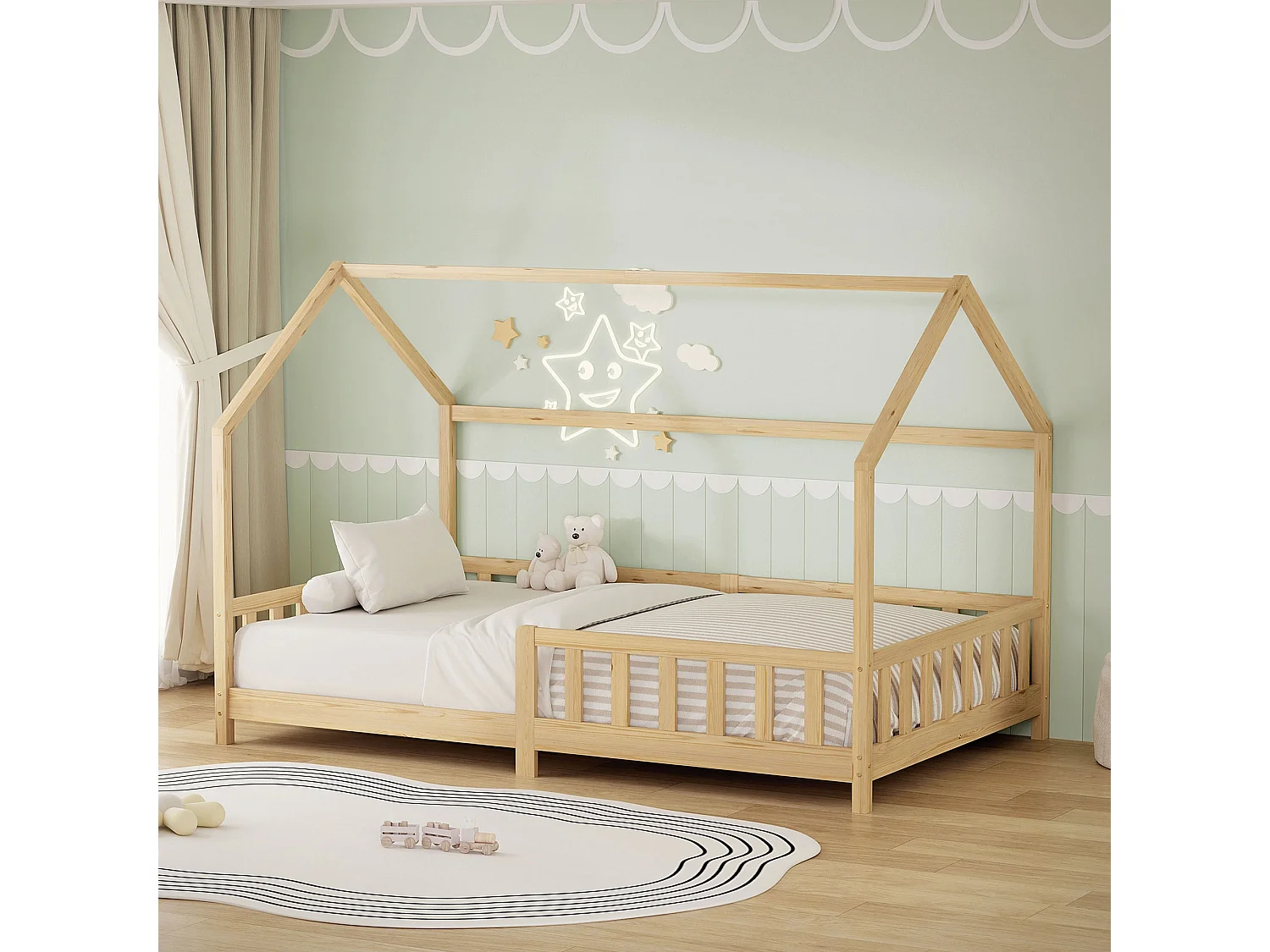 ML-Design Cama infantil 120x200 cm natural forma de casa con protección anticaída, techo y somier, de madera maciza de pino, lecho Montessori