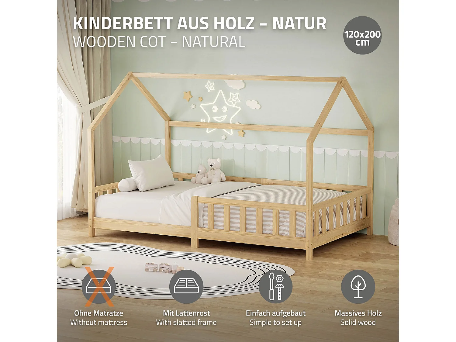 ML-Design Cama infantil 120x200 cm natural forma de casa con protección anticaída, techo y somier, de madera maciza de pino, lecho Montessori