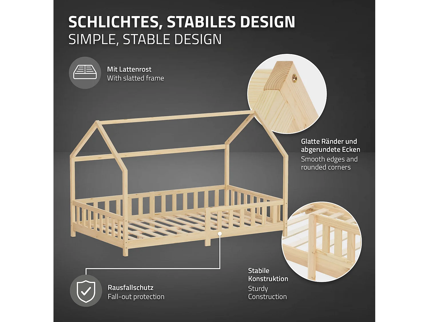 ML-Design Cama infantil 120x200 cm natural forma de casa con protección anticaída, techo y somier, de madera maciza de pino, lecho Montessori