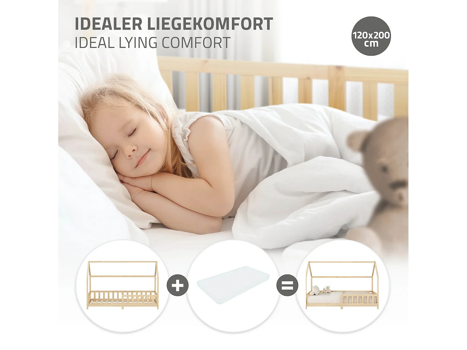ML-Design Cama infantil 120x200 cm natural forma de casa con protección anticaída, techo y somier, de madera maciza de pino, lecho Montessori
