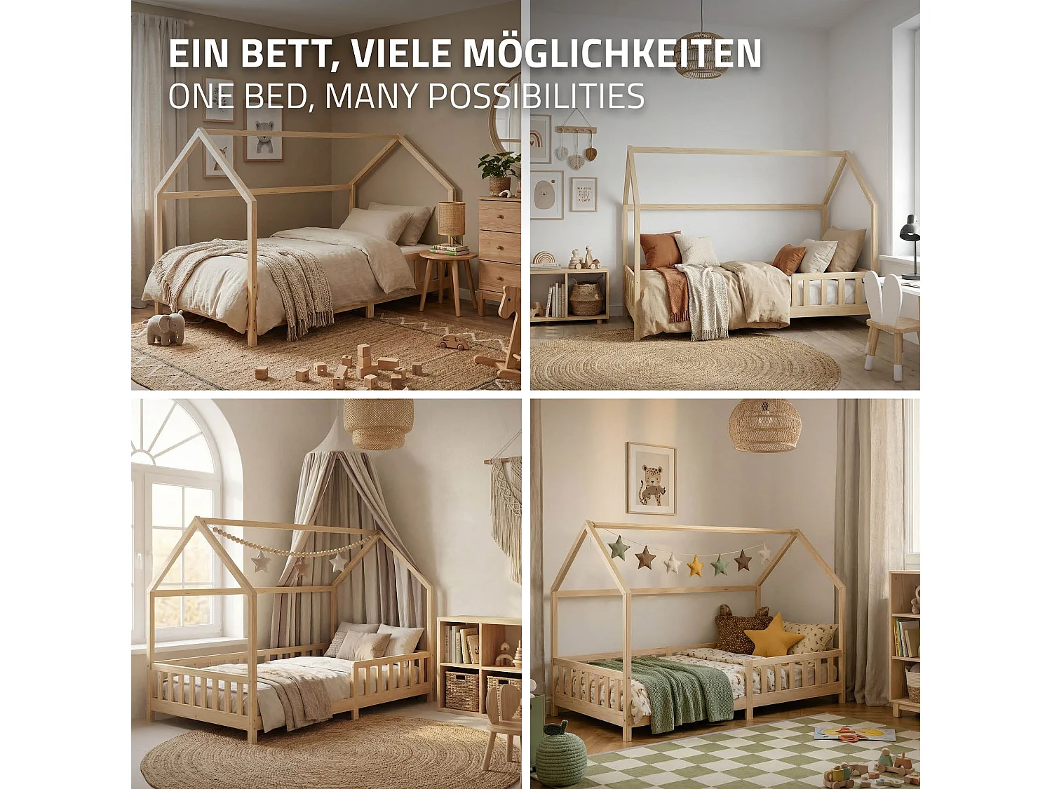 ML-Design Cama infantil 120x200 cm natural forma de casa con protección anticaída, techo y somier, de madera maciza de pino, lecho Montessori