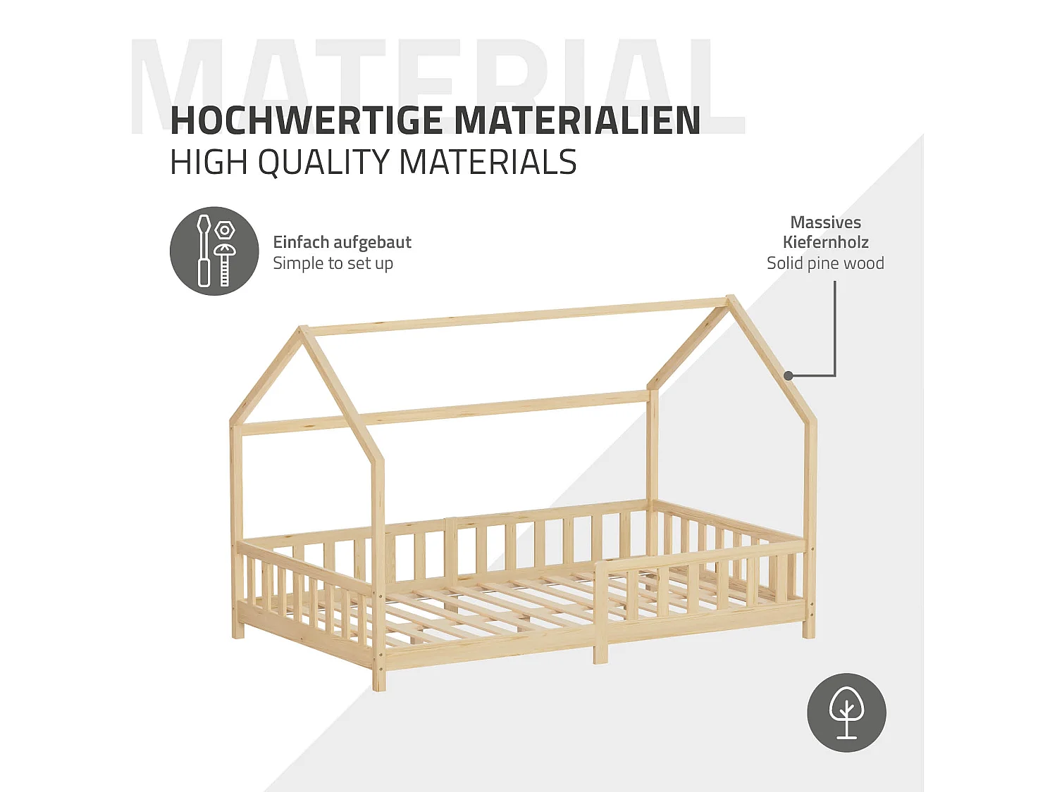 ML-Design Cama infantil 120x200 cm natural forma de casa con protección anticaída, techo y somier, de madera maciza de pino, lecho Montessori