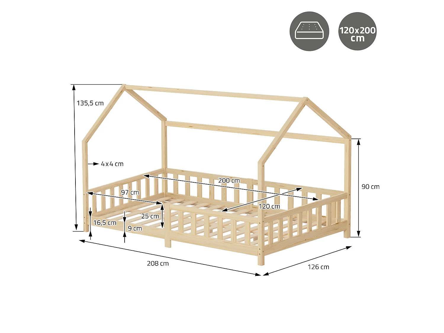 ML-Design Cama infantil 120x200 cm natural forma de casa con protección anticaída, techo y somier, de madera maciza de pino, lecho Montessori