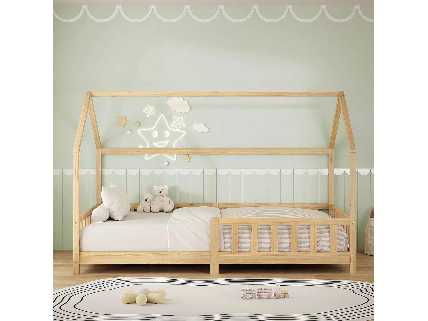 ML-Design Cama infantil 120x200 cm natural forma de casa con protección anticaída, techo y somier, de madera maciza de pino, lecho Montessori