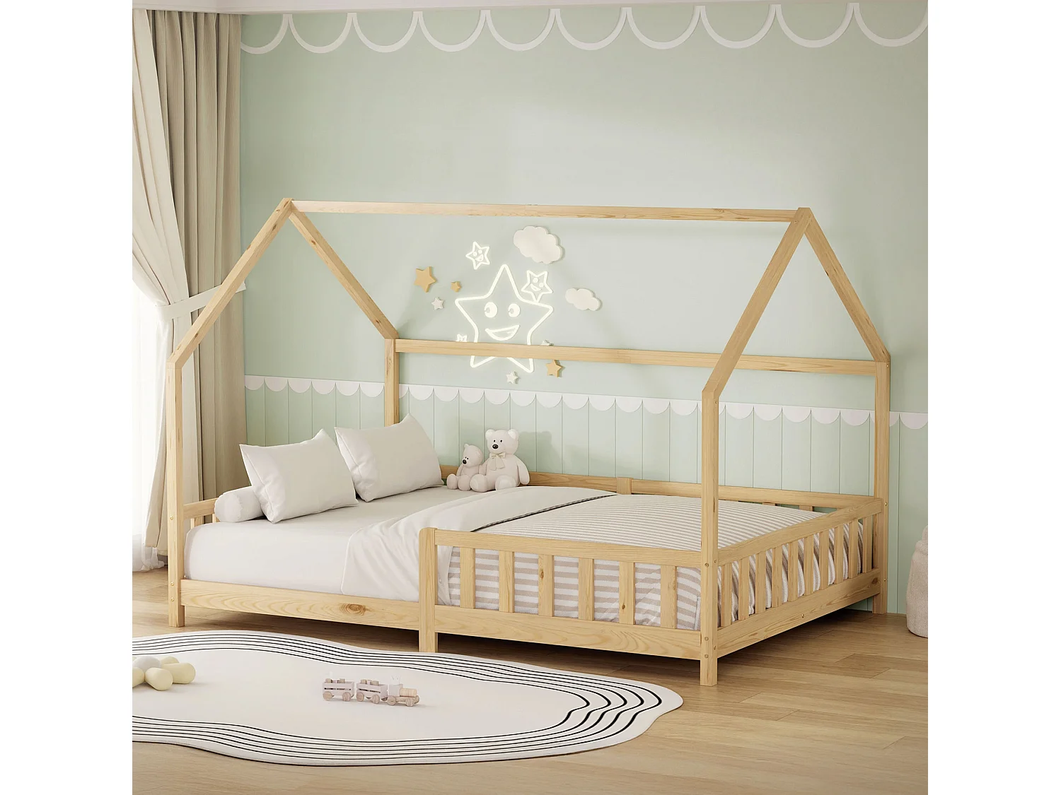 ML-Design Cama infantil 140x200 cm natural forma de casa con protección anticaída, techo y somier, de madera maciza de pino, lecho Montessori