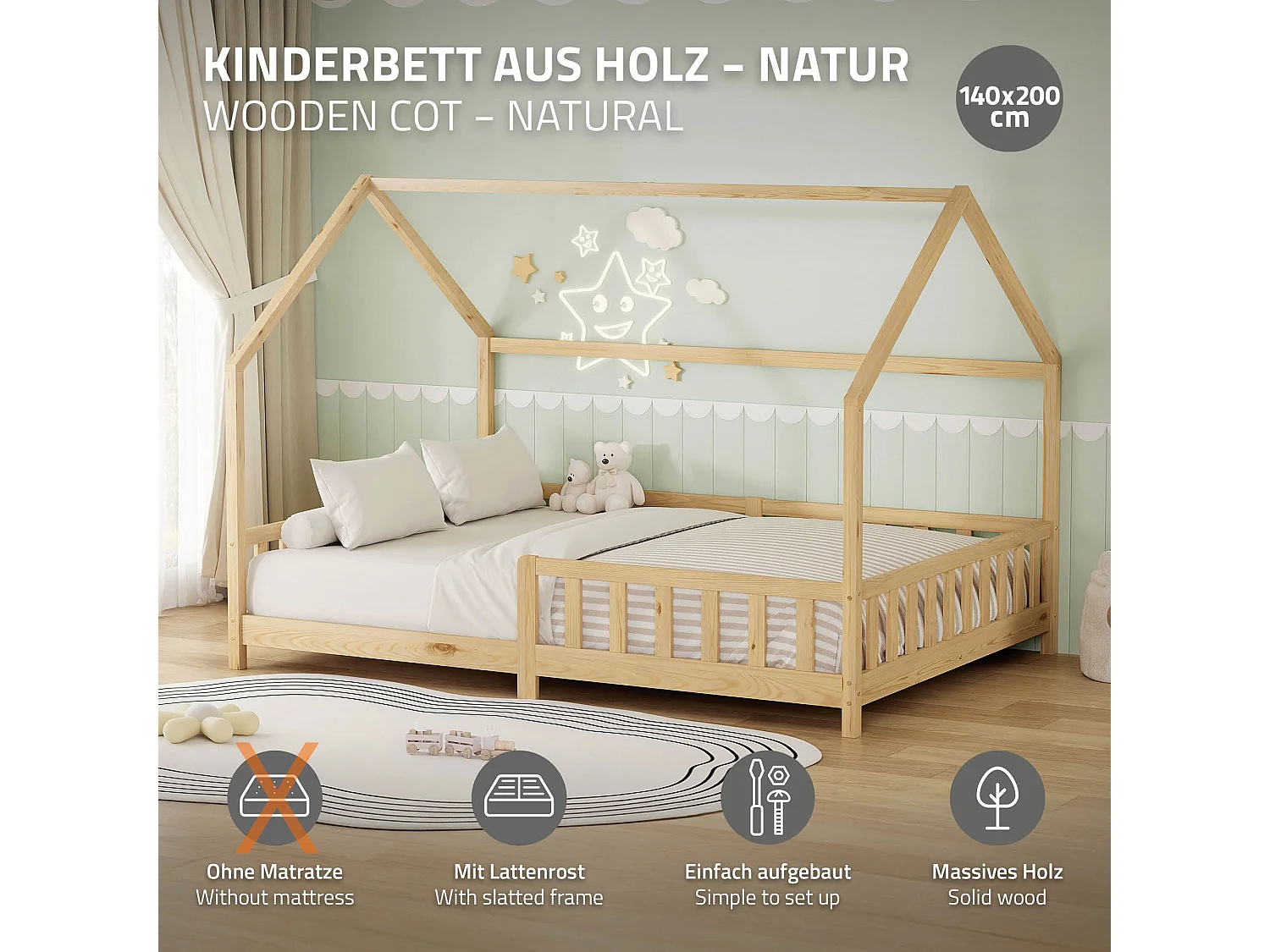 ML-Design Cama infantil 140x200 cm natural forma de casa con protección anticaída, techo y somier, de madera maciza de pino, lecho Montessori
