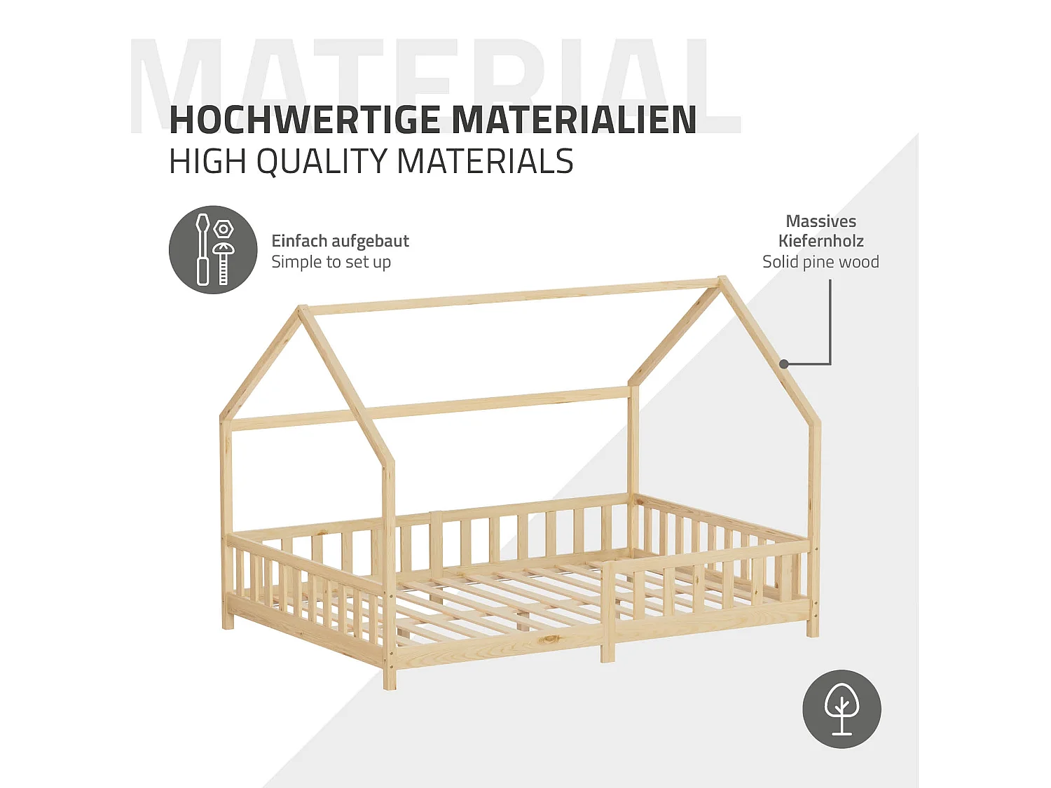 ML-Design Cama infantil 140x200 cm natural forma de casa con protección anticaída, techo y somier, de madera maciza de pino, lecho Montessori