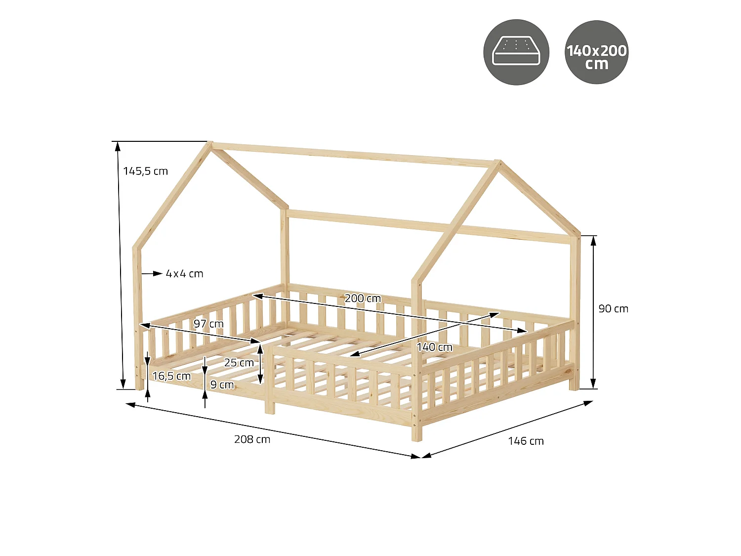 ML-Design Cama infantil 140x200 cm natural forma de casa con protección anticaída, techo y somier, de madera maciza de pino, lecho Montessori