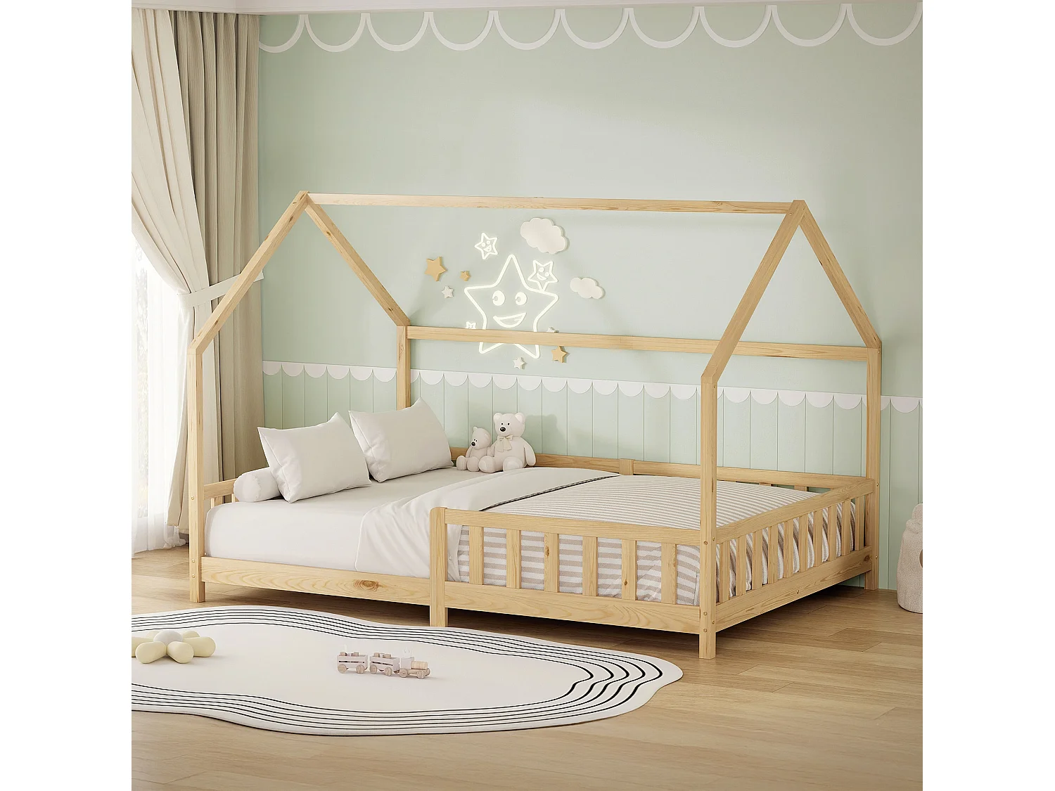 ML-Design Cama infantil 140x200 cm natural forma de casa con protección anticaída, techo y somier, de madera maciza de pino, lecho Montessori