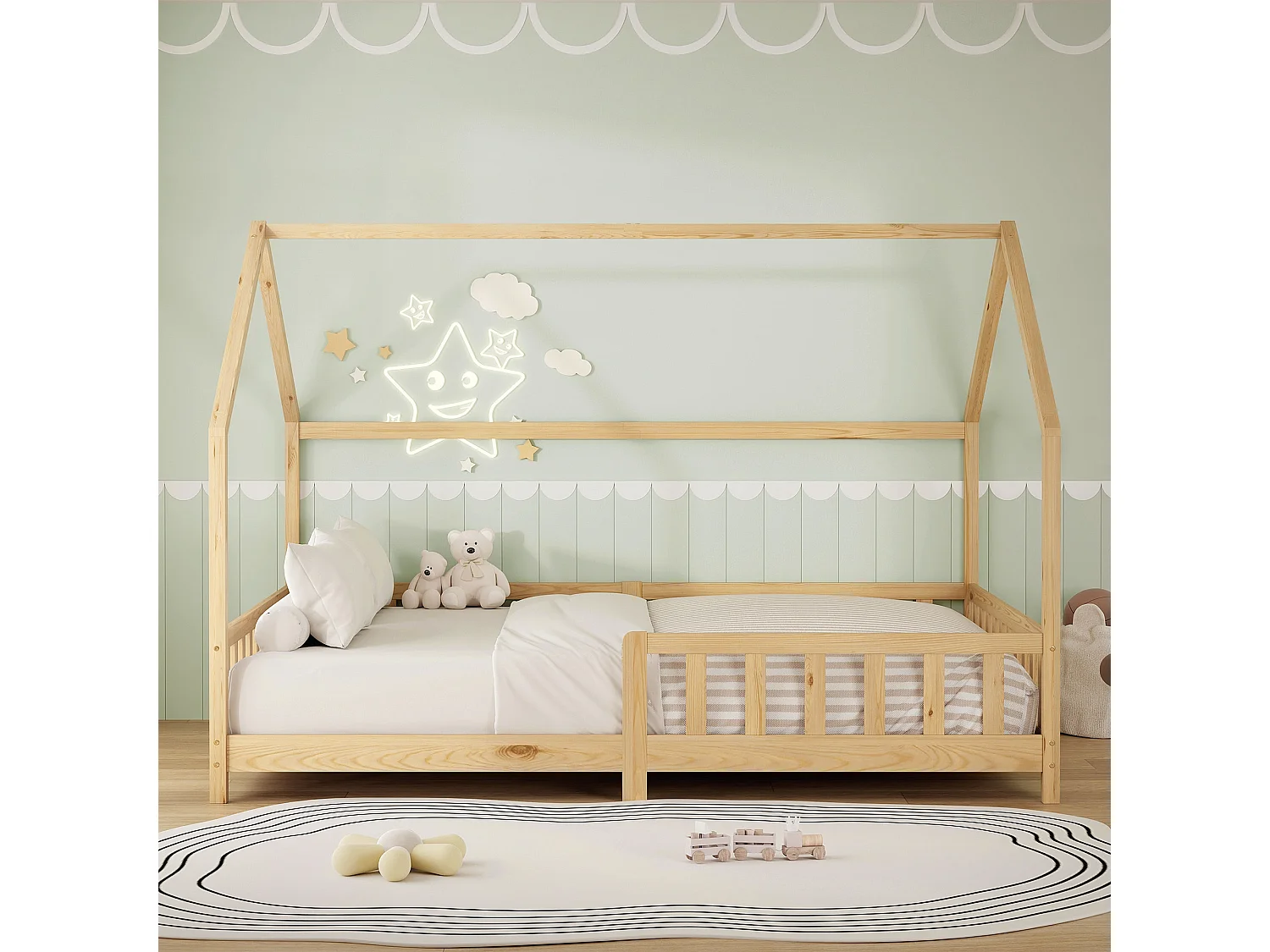 ML-Design Cama infantil 140x200 cm natural forma de casa con protección anticaída, techo y somier, de madera maciza de pino, lecho Montessori