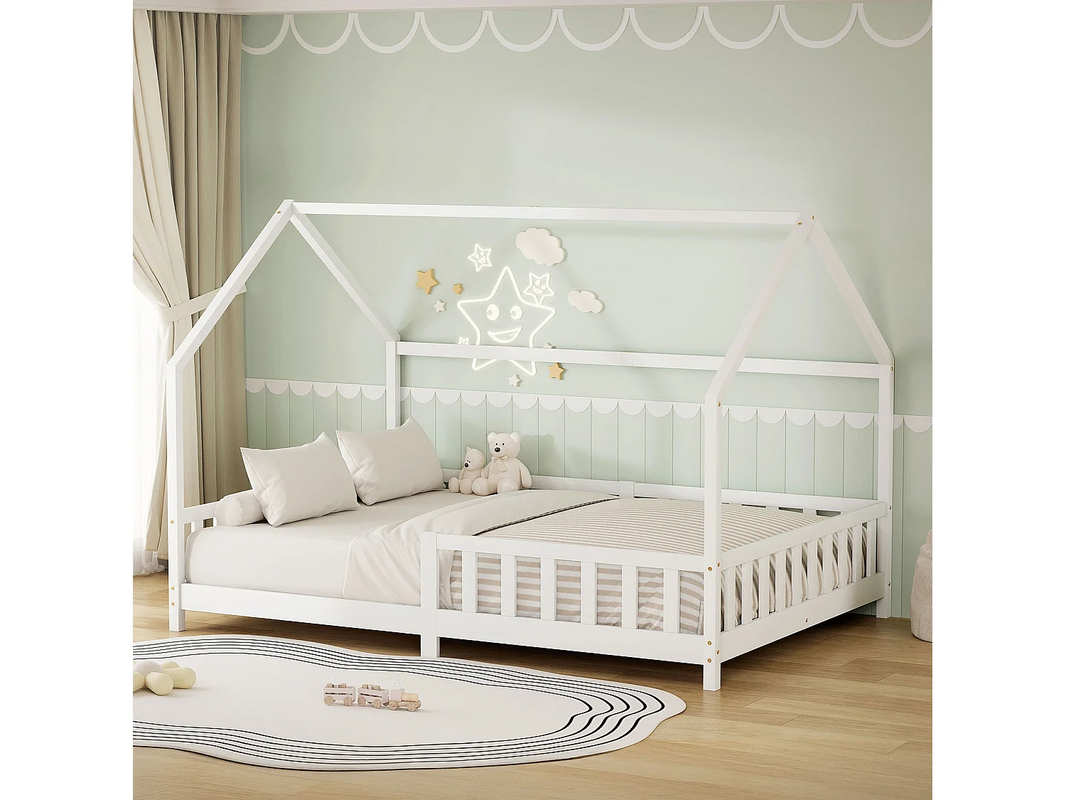 ML-Design Cama infantil 140x200 cm blanco forma de casa con protección anticaída, techo y somier, de madera maciza de pino, lecho Montessori