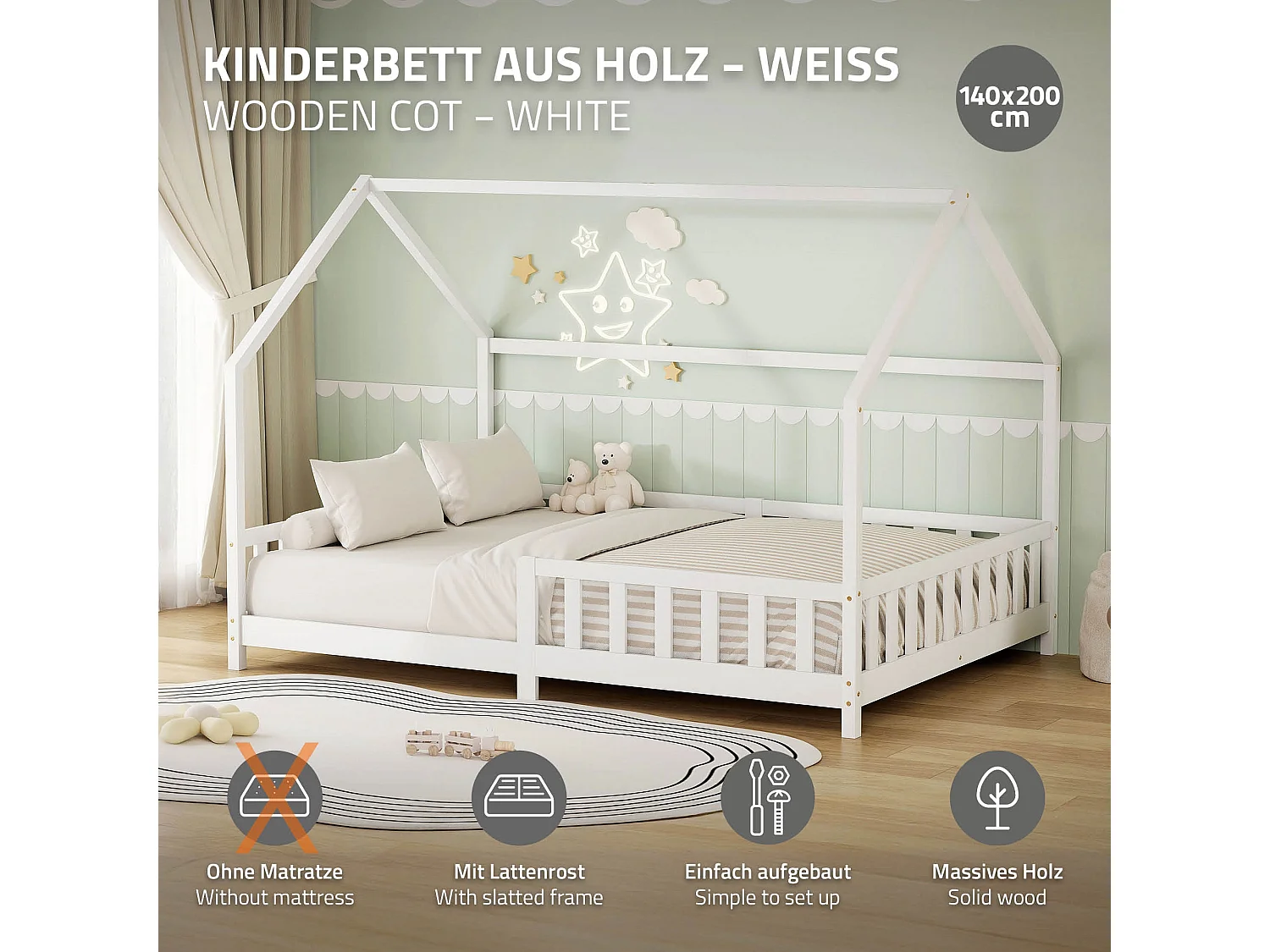 ML-Design Cama infantil 140x200 cm blanco forma de casa con protección anticaída, techo y somier, de madera maciza de pino, lecho Montessori