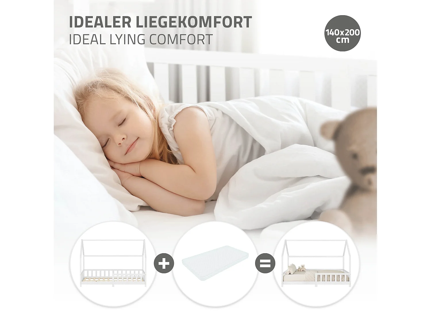 ML-Design Cama infantil 140x200 cm blanco forma de casa con protección anticaída, techo y somier, de madera maciza de pino, lecho Montessori