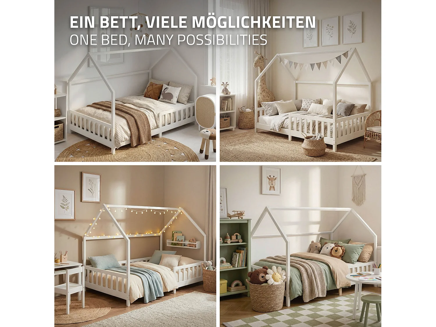 ML-Design Cama infantil 140x200 cm blanco forma de casa con protección anticaída, techo y somier, de madera maciza de pino, lecho Montessori