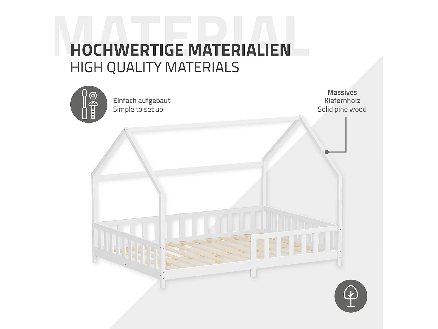 ML-Design Cama infantil 140x200 cm blanco forma de casa con protección anticaída, techo y somier, de madera maciza de pino, lecho Montessori
