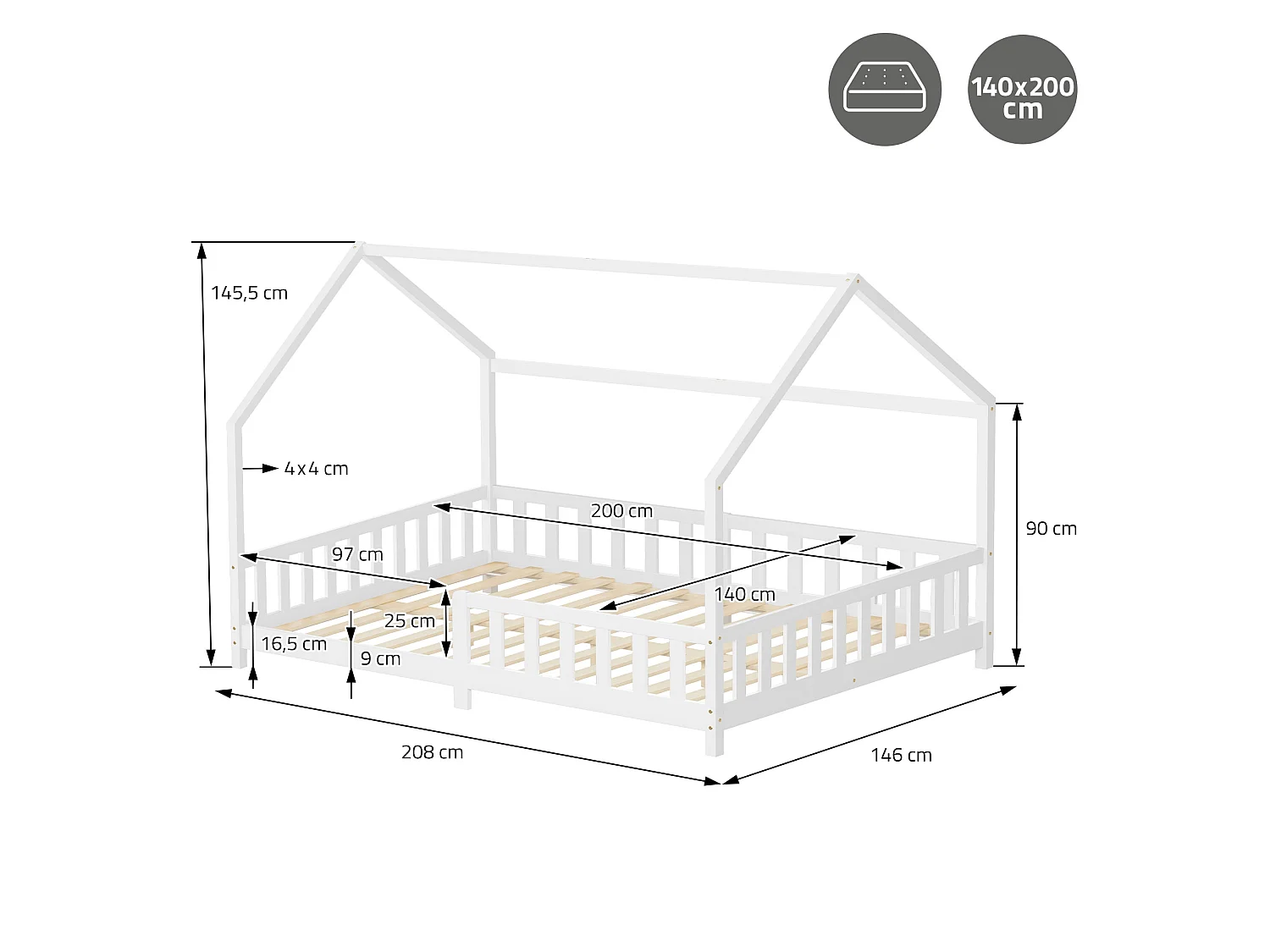 ML-Design Cama infantil 140x200 cm blanco forma de casa con protección anticaída, techo y somier, de madera maciza de pino, lecho Montessori