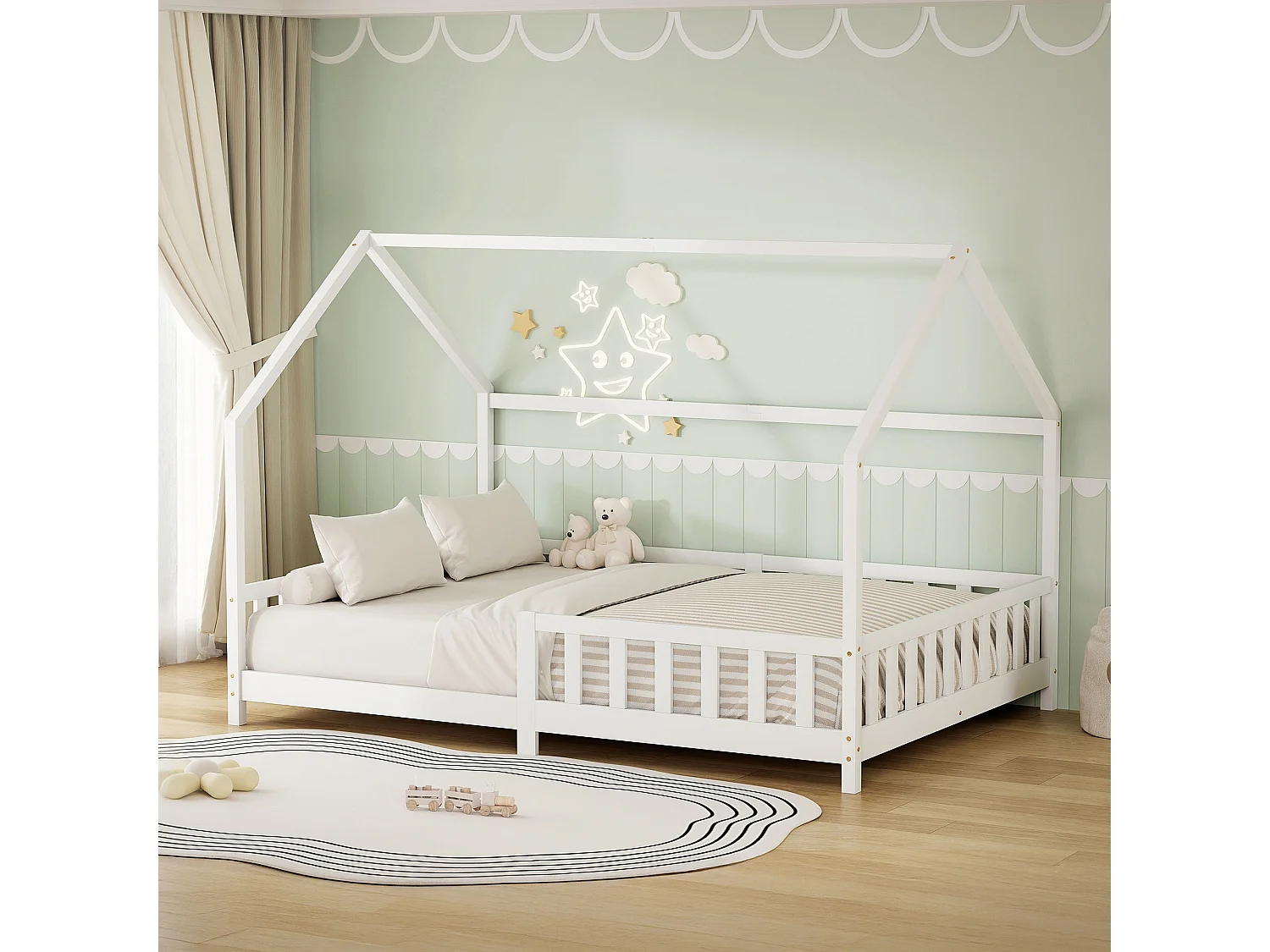 ML-Design Cama infantil 140x200 cm blanco forma de casa con protección anticaída, techo y somier, de madera maciza de pino, lecho Montessori