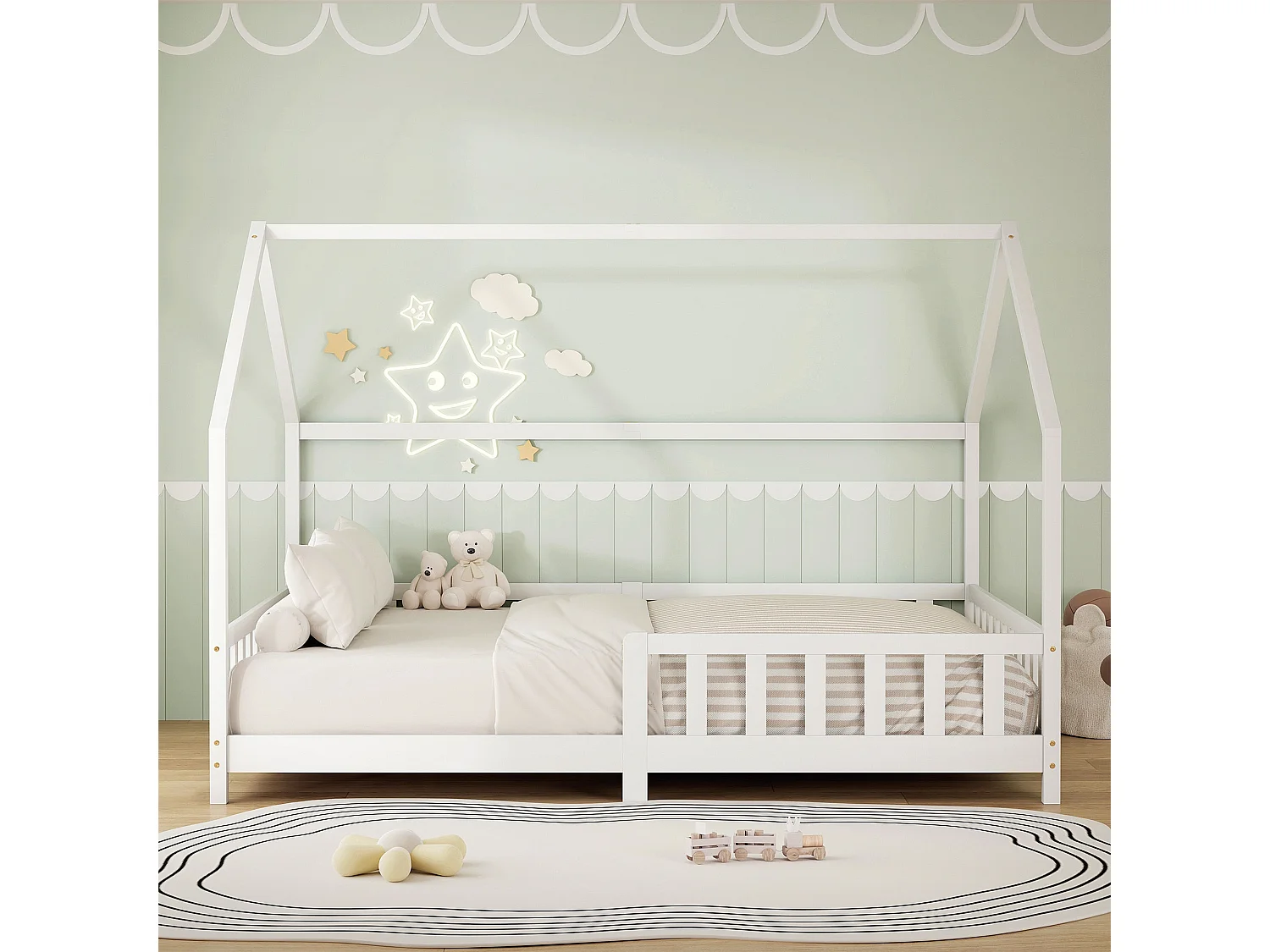 ML-Design Cama infantil 140x200 cm blanco forma de casa con protección anticaída, techo y somier, de madera maciza de pino, lecho Montessori
