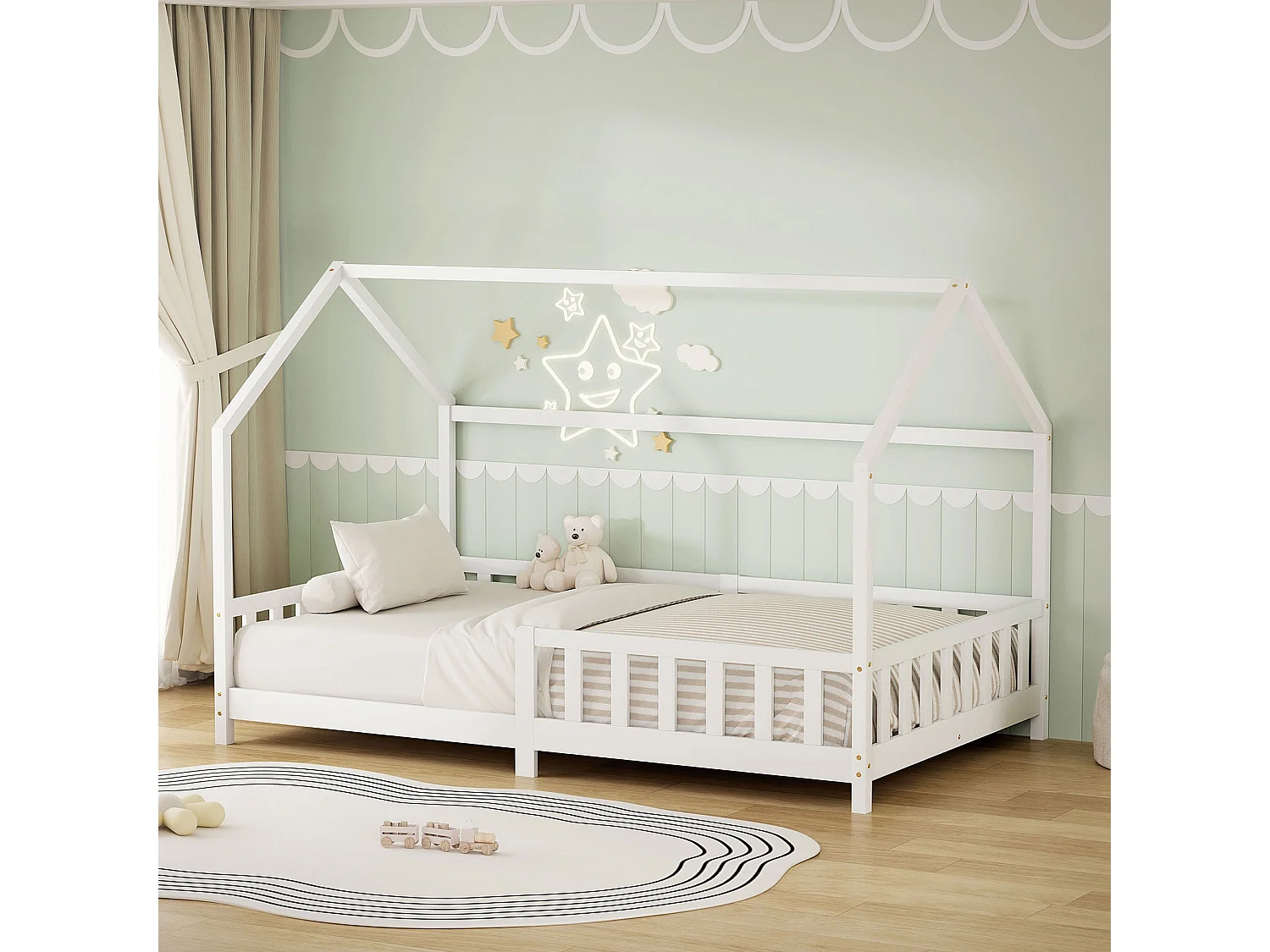 ML-Design Cama infantil 120x200 cm blanco forma de casa con protección anticaída, techo y somier, de madera maciza de pino, lecho Montessori