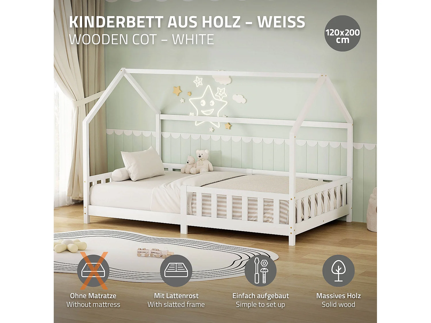 ML-Design Cama infantil 120x200 cm blanco forma de casa con protección anticaída, techo y somier, de madera maciza de pino, lecho Montessori