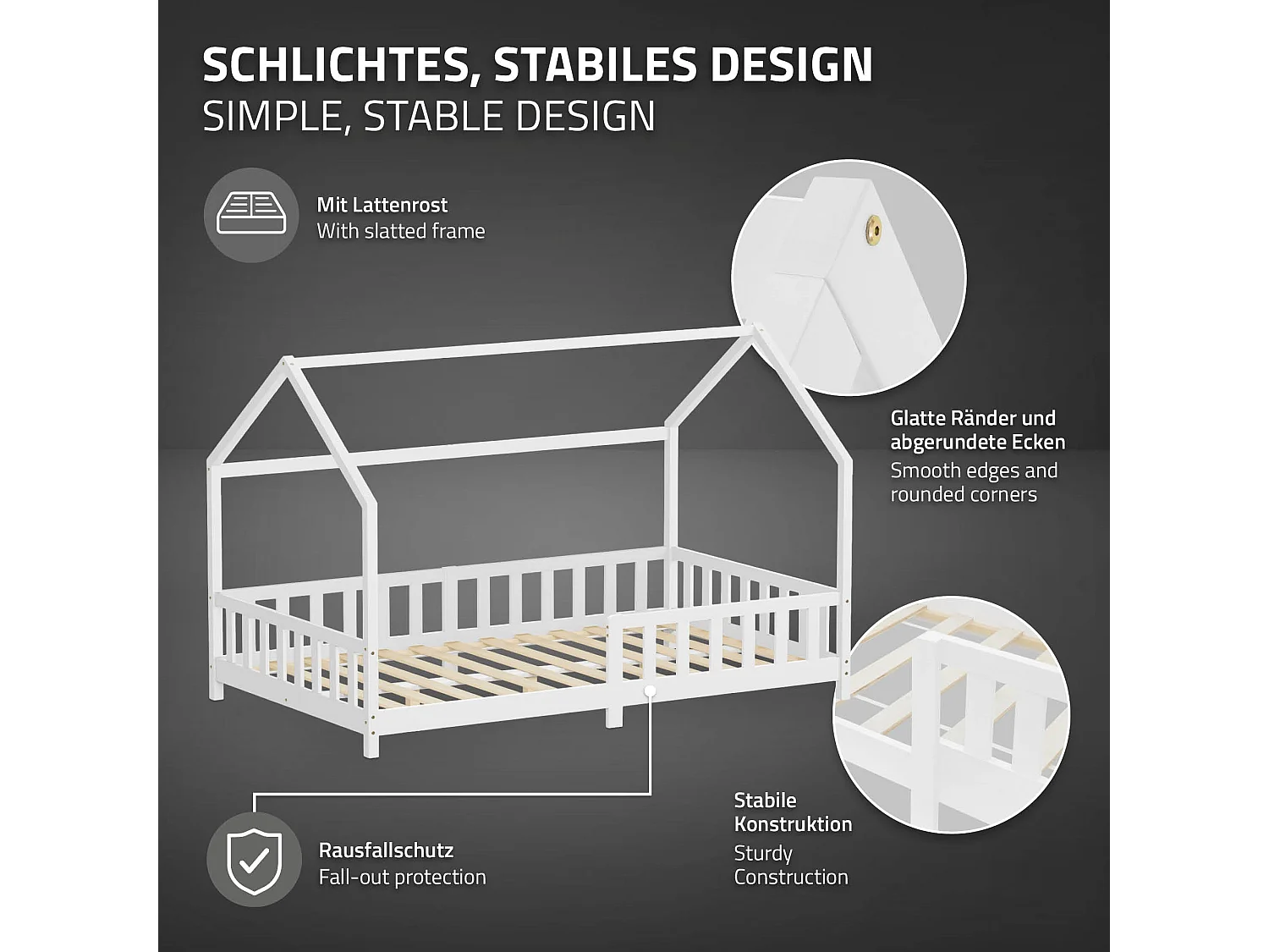 ML-Design Cama infantil 120x200 cm blanco forma de casa con protección anticaída, techo y somier, de madera maciza de pino, lecho Montessori