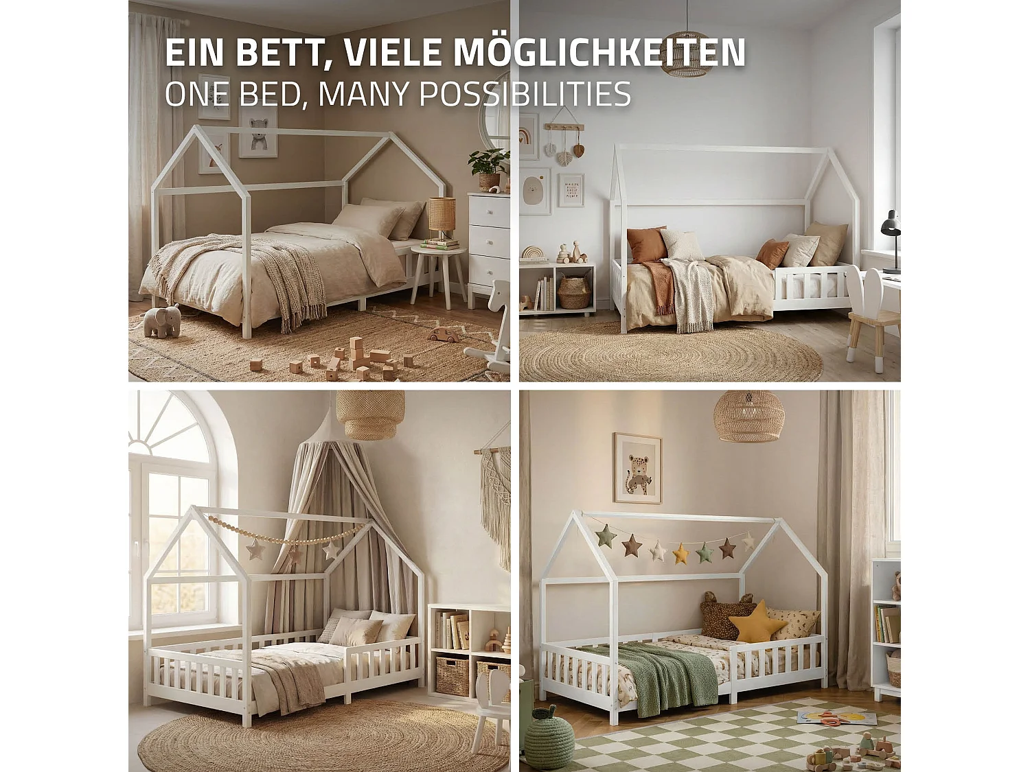 ML-Design Cama infantil 120x200 cm blanco forma de casa con protección anticaída, techo y somier, de madera maciza de pino, lecho Montessori