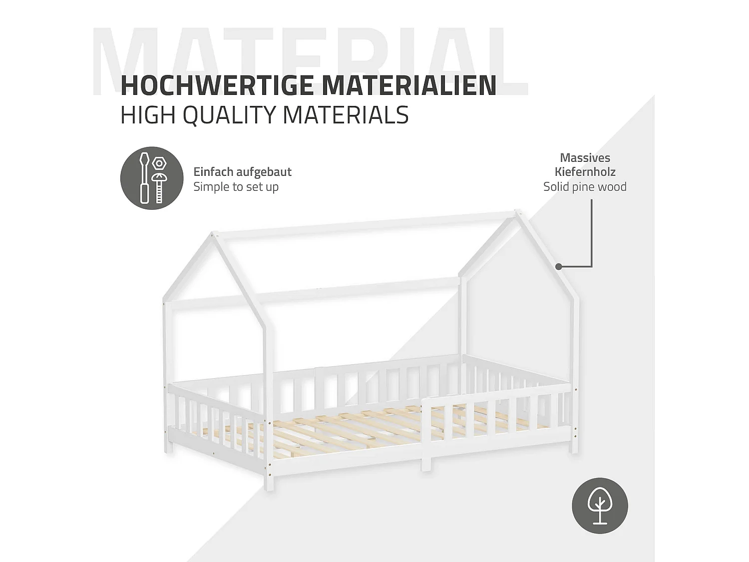ML-Design Cama infantil 120x200 cm blanco forma de casa con protección anticaída, techo y somier, de madera maciza de pino, lecho Montessori