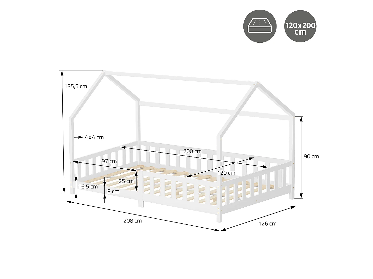 ML-Design Cama infantil 120x200 cm blanco forma de casa con protección anticaída, techo y somier, de madera maciza de pino, lecho Montessori