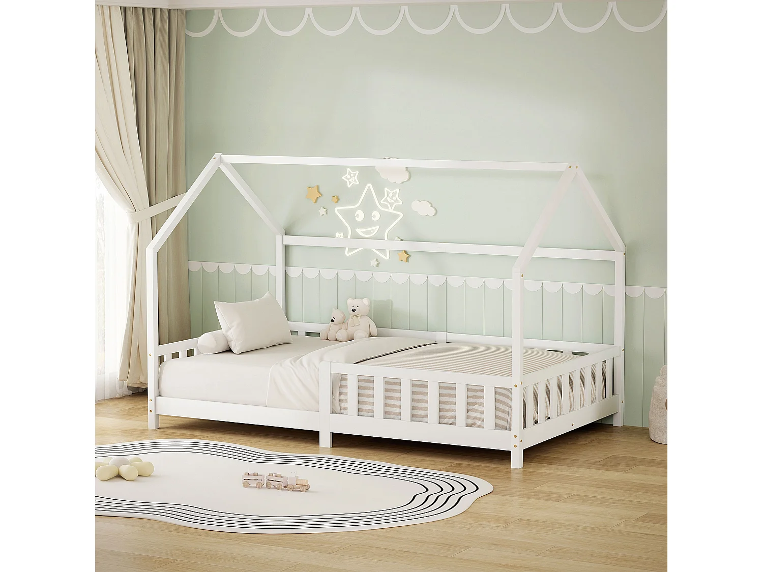 ML-Design Cama infantil 120x200 cm blanco forma de casa con protección anticaída, techo y somier, de madera maciza de pino, lecho Montessori