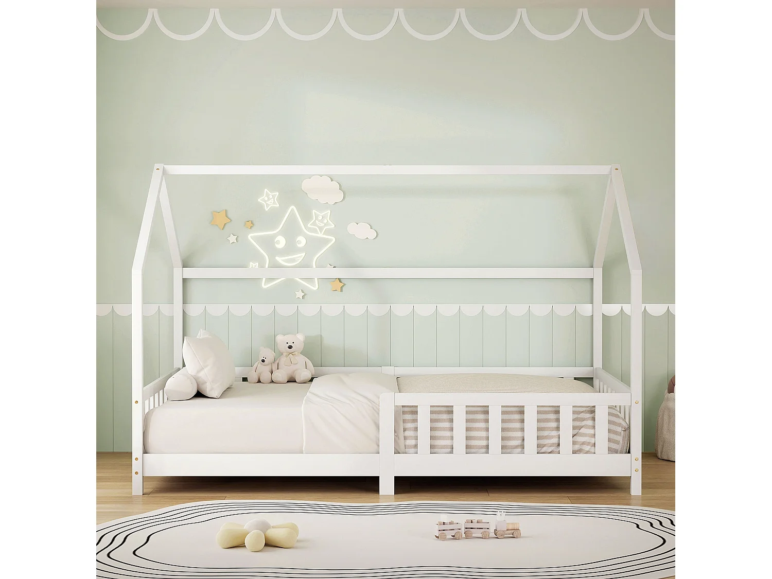 ML-Design Cama infantil 120x200 cm blanco forma de casa con protección anticaída, techo y somier, de madera maciza de pino, lecho Montessori