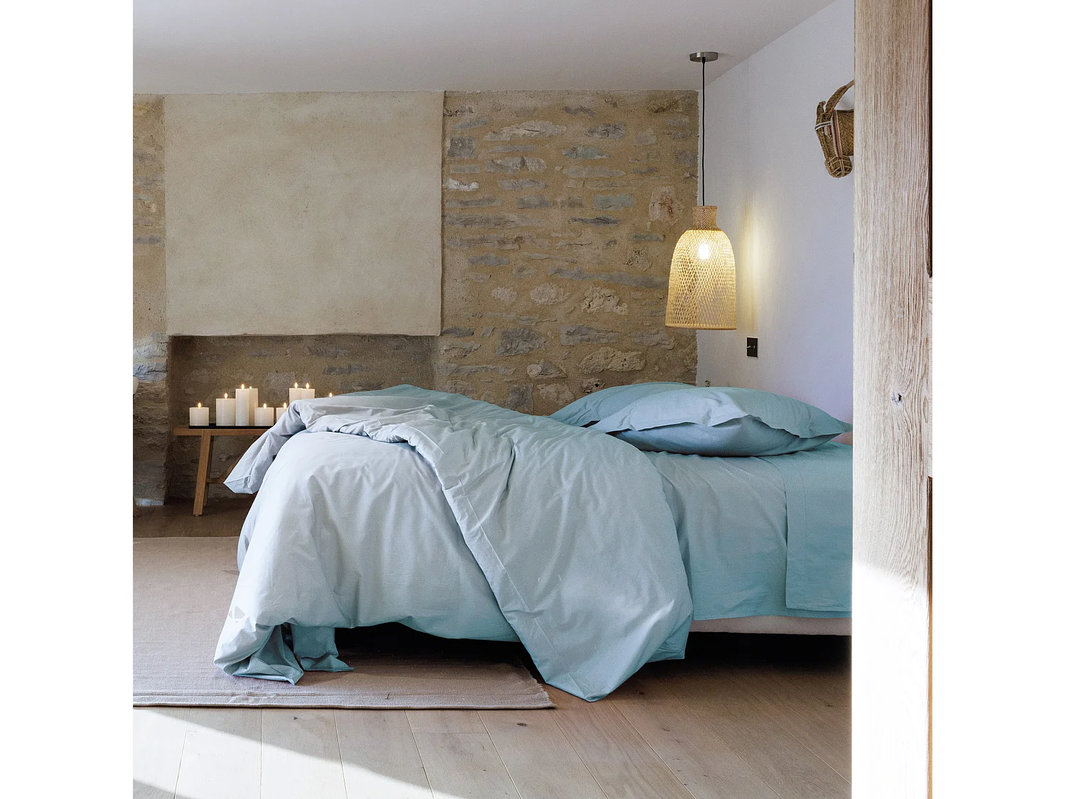 Taie d'oreiller volants plats 65x65 cm percale MANOIR bleu Glacier