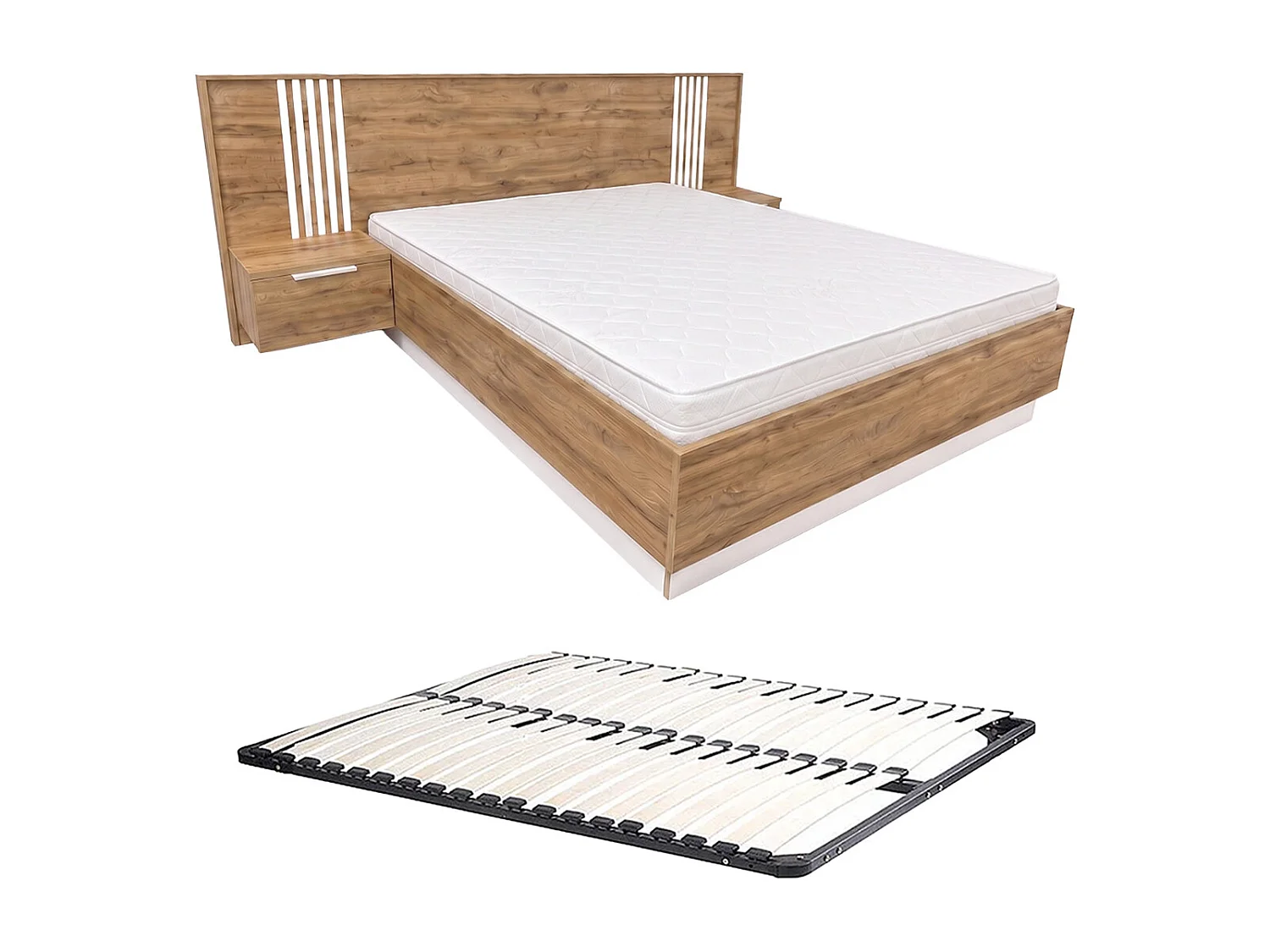 Lit avec chevets 160 x 200 cm – Avec LEDs – Coloris : Naturel et blanc + Sommier - NELTORA