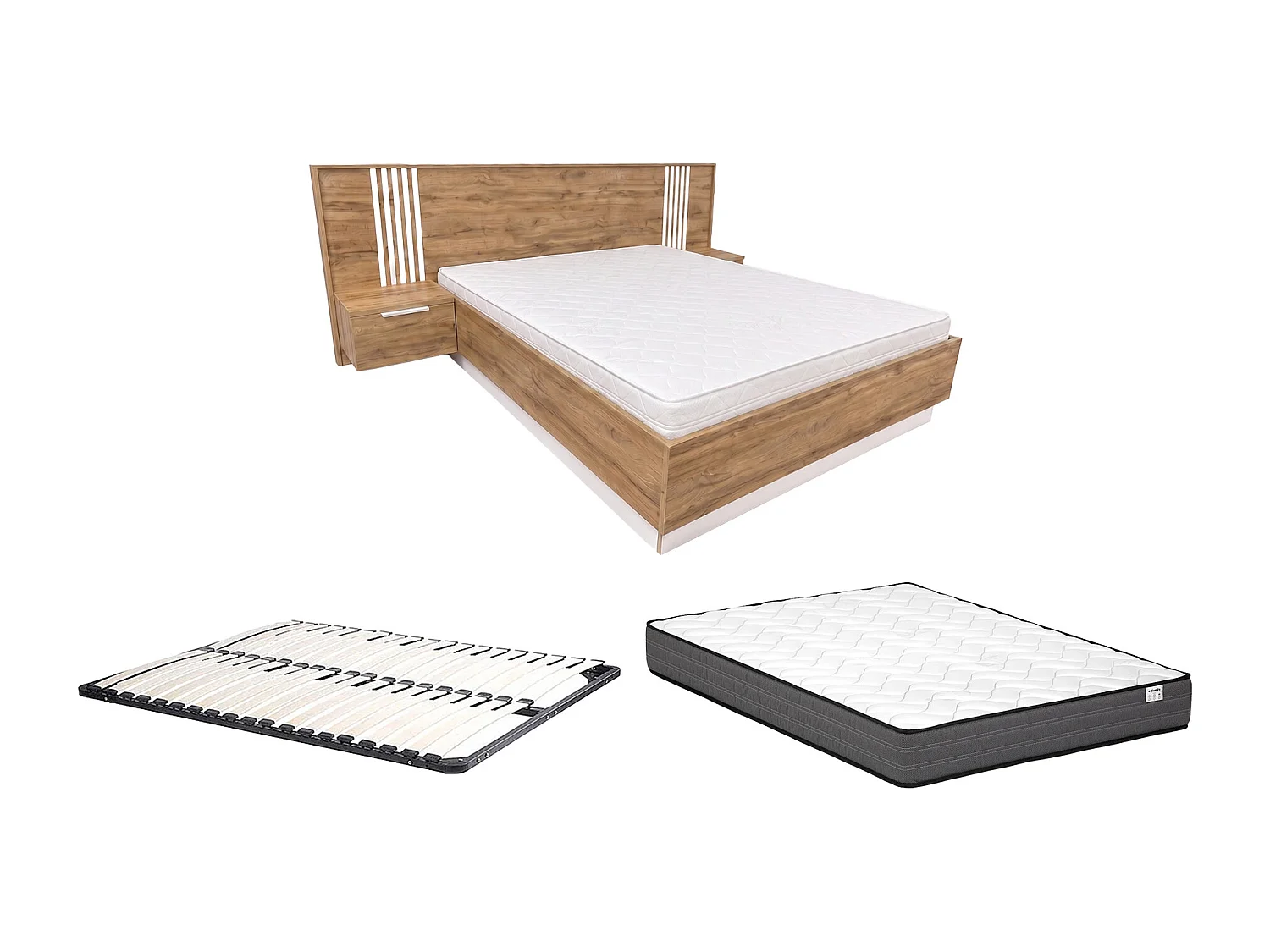 Lit avec chevets 160 x 200 cm – Avec LEDs – Coloris : Naturel et blanc + Sommier + Matelas - NELTORA