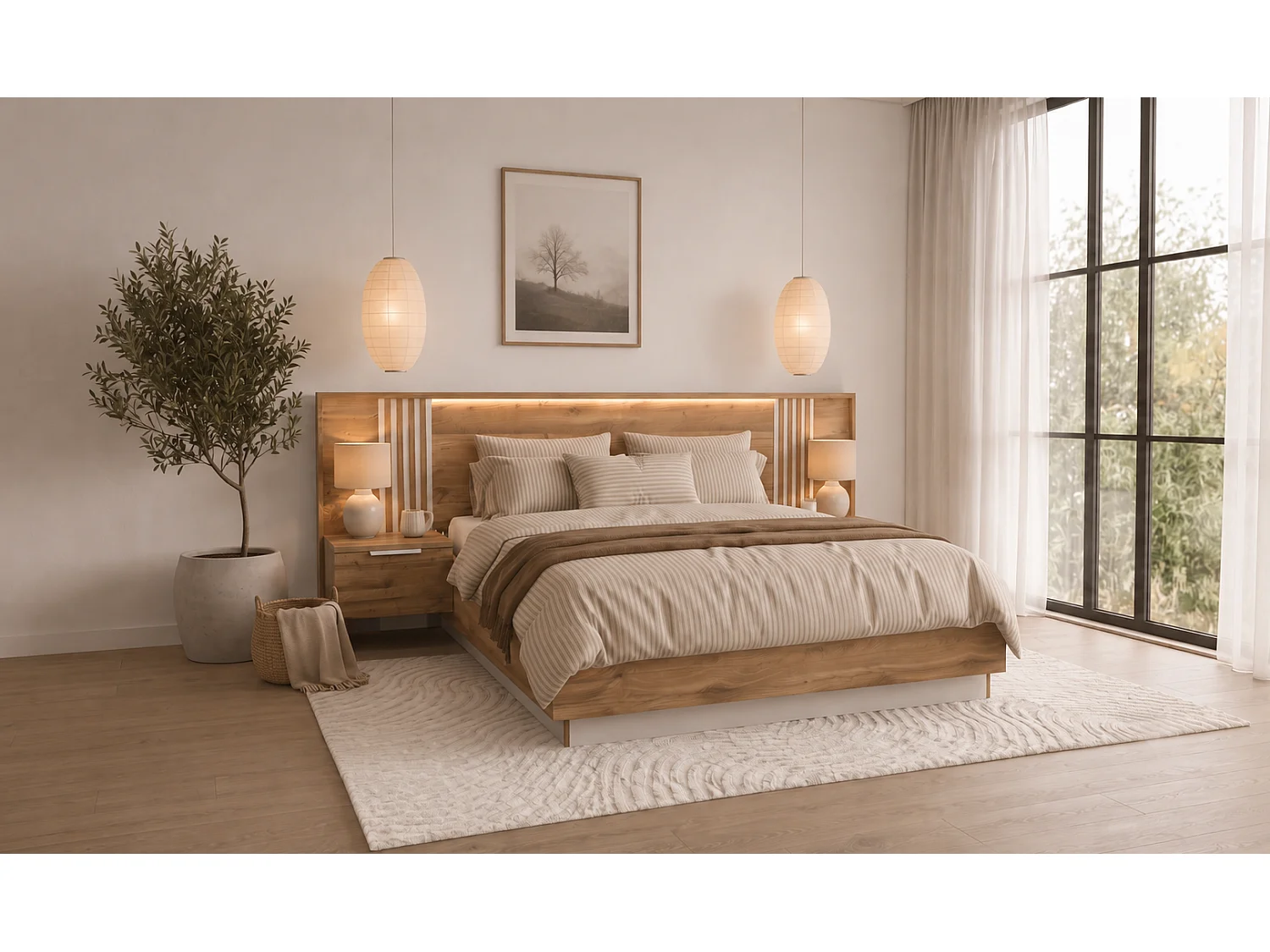 Lit avec chevets 160 x 200 cm – Avec LEDs – Coloris : Naturel et blanc + Sommier + Matelas - NELTORA